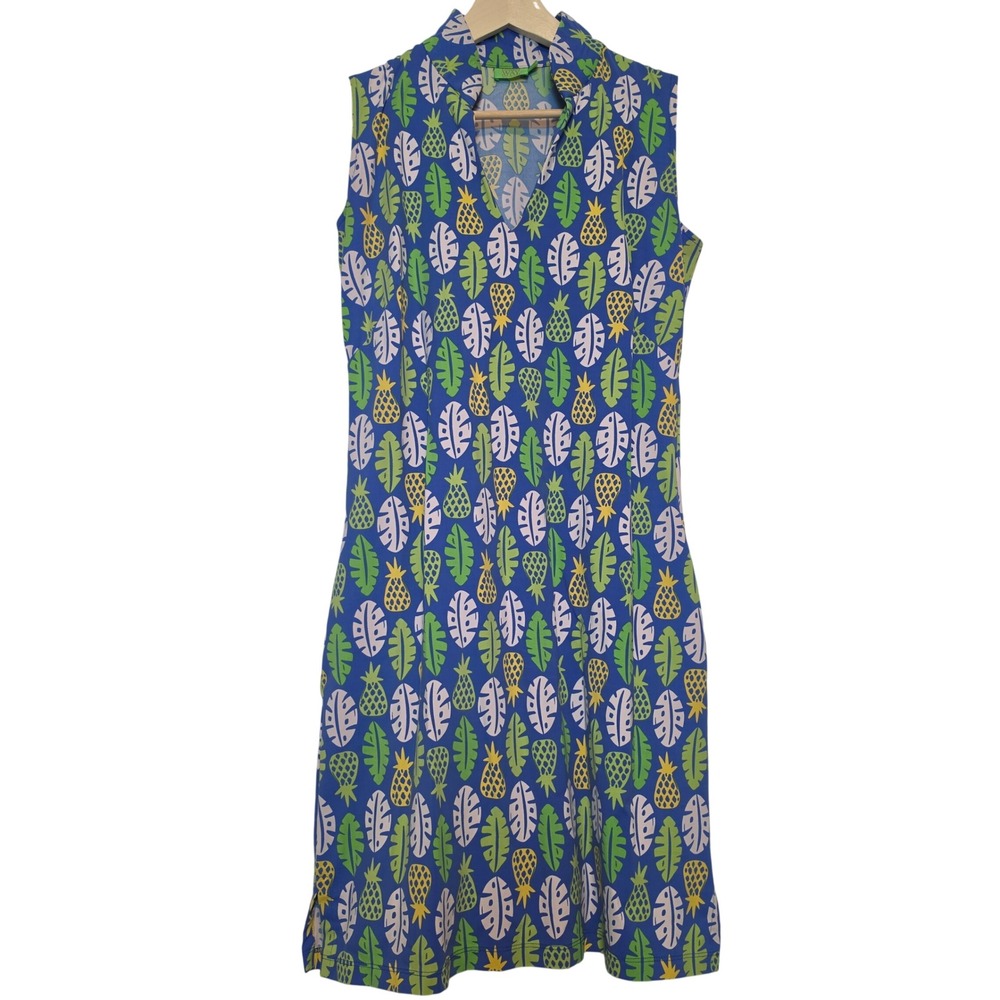 Katherine WAY Pineapple Leaf Print Sleeveless V-Neck Shift Dress Blue Small